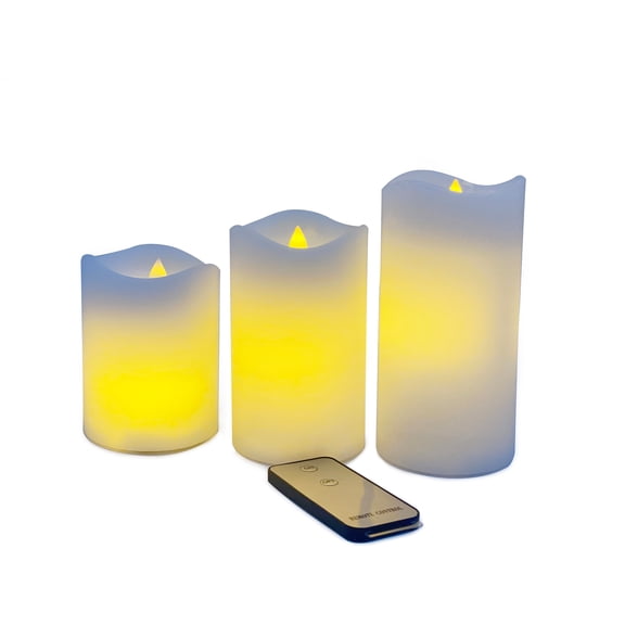 Ashland LED Candle Set - Glowing Flame Wax Pillars with Remote - White - Assorted Sizes - 4-Piece