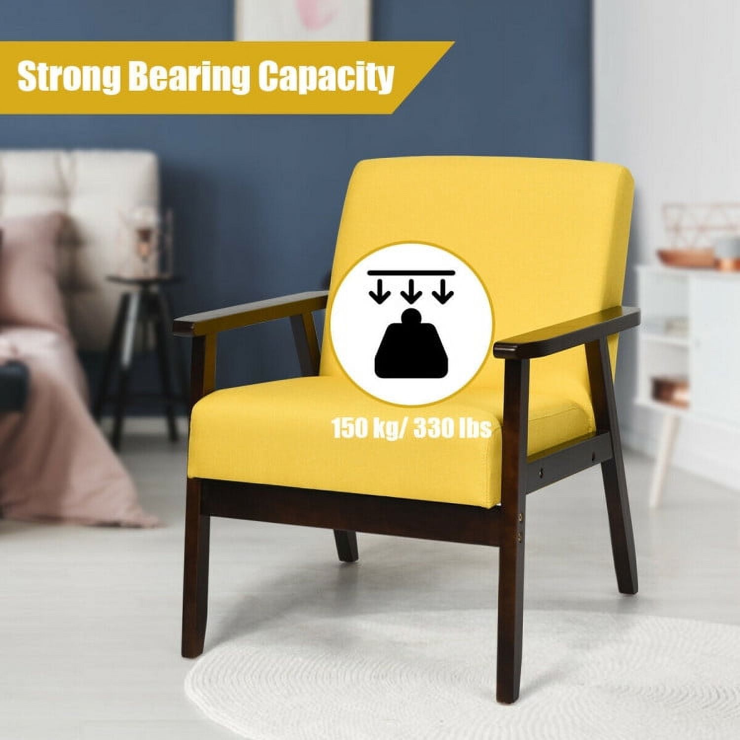 Finihen Mid-Century Modern Accent Chair, Retro Fabric Armchair, Solid Rubber Wood Fabric Accent Armchair, for Living Room, Yellow