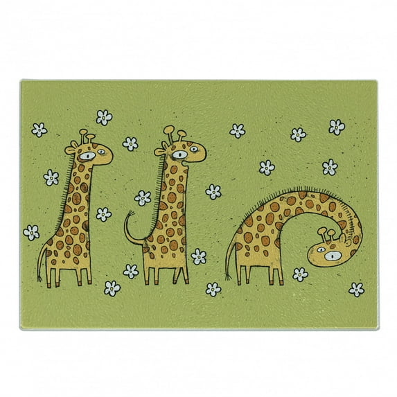 Animal Cutting Board, Hand Drawn Illustration of Giraffes on Background with Flowers, Decorative Tempered Glass Cutting and Serving Board, Small Size, Avocado Green Caramel, by Ambesonne