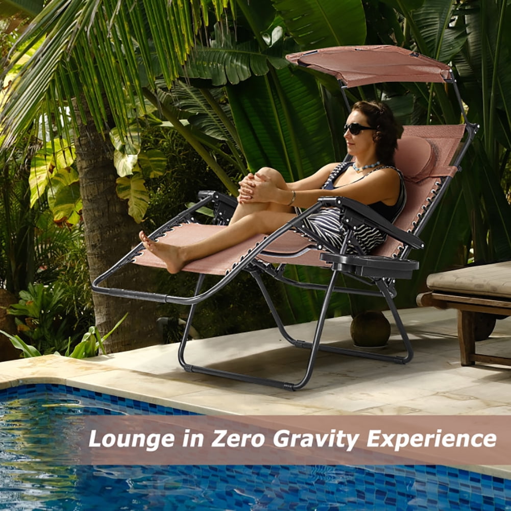 Aimee Lii Folding Recliner Lounge Chair with Shade Canopy Cup Holder, Outdoor Patio Furniture, Brown Aimee Lii Folding Recliner Lounge Chair with Shade Canopy Cup Holder, Outdoor Patio Furniture, Brown