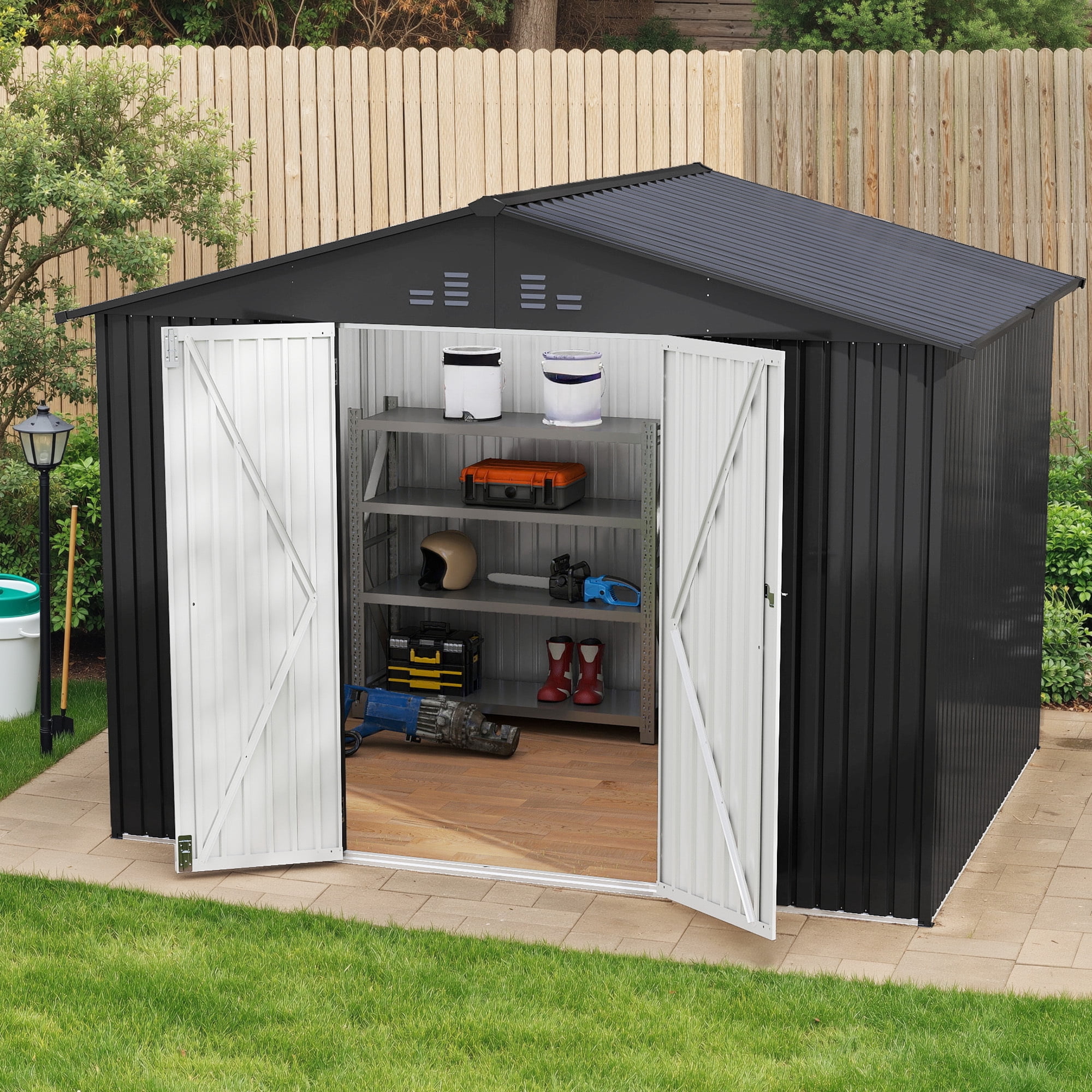 Uforic 7'x5' Metal Outdoor Storage Shed, Waterproof Tool Shed with Lockable Door and Vents, Storage Unit for Bike, Tools, Lawn Mower, Backyard Patio Lawn, Dark Gray