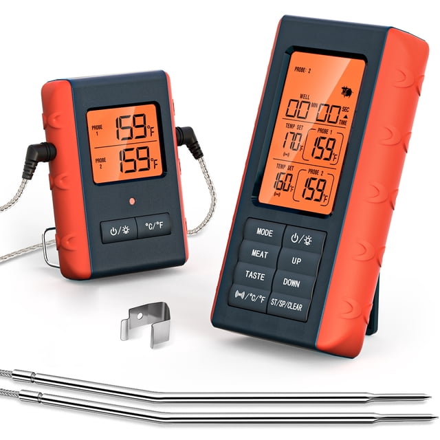 Despertador Termómetro inalámbrico para carne con 2 accesorios para asar en la cocina Termómetro para cocinar alimentos Termómetro digital para carne Inalámbrico para horno ahumador Parrilla exterior