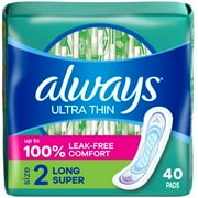 Always Ultra Thin Pads Without Wings, Size 2, Long Super Absorbency, 40 Count