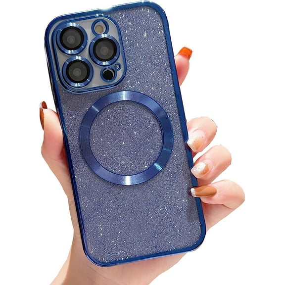Compatible with IPhone 14 Pro Max Magnetic Case Glitter ,Compatible with MagSafe ,Camera Protector Luxury Plating Cute Bling Shiny Clear for Women Girls Cover Case for Iphone14promax (Dark blue)