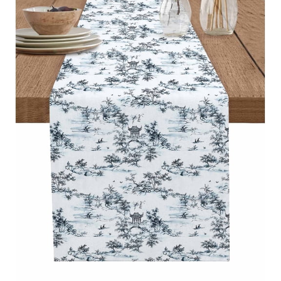 Ldtrchee Chinese Table Runner 120 Inches, Retro Watercolor Small Bridges Plant Leaves Bed Runner Dresser Scarves Tabletop for Indoor Outdoor Parties/Ceremony/Banquet, 13"x 120"