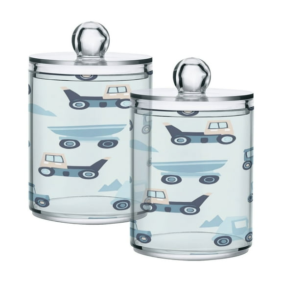 2 Pack Bathroom Canisters Transparent Storage Jar for Cotton Ball, Swab, Floss Construction Vehicles