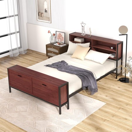 EUROCO Queen Size Metal Platform Bed with Storage Cabinet and Shelf for Bedroom  Black