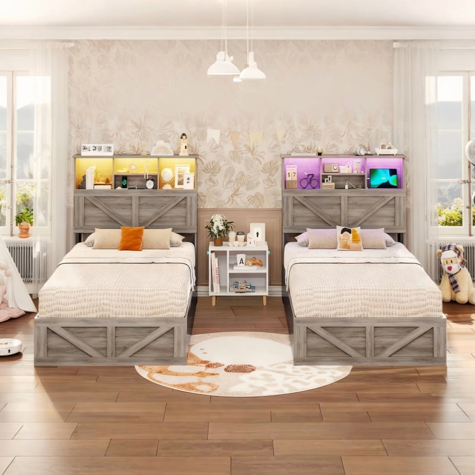 Twin Size Bed Frame, Farmhouse Wooden Platform Twin Bed with Storage Headboard Bookcase and 11'' Under-bed Storage Drawers Gray