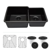 32" x 19" Quartz Kitchen Sink, Double Bowl Sink, Drop-in Sink, Undermount Sink, Granite Kitchen Sink, Galaxy Black Kitchen Sink, with Steel Grid, Basket Strainer and Flange Lexicon Platinum LP-6040-K