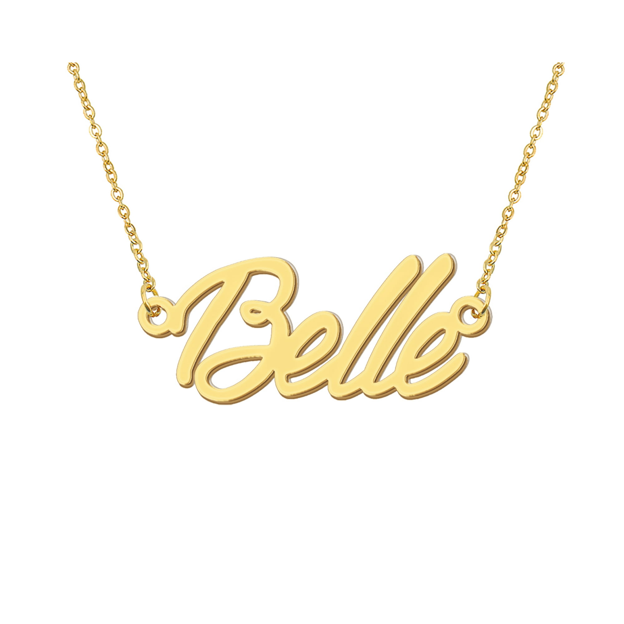 HUAN XUN 18k Gold Plated Belle Name Necklace Stainless Steel Nameplate Necklaces for Womens Mens Mother Day Christmas Jewelry Gift