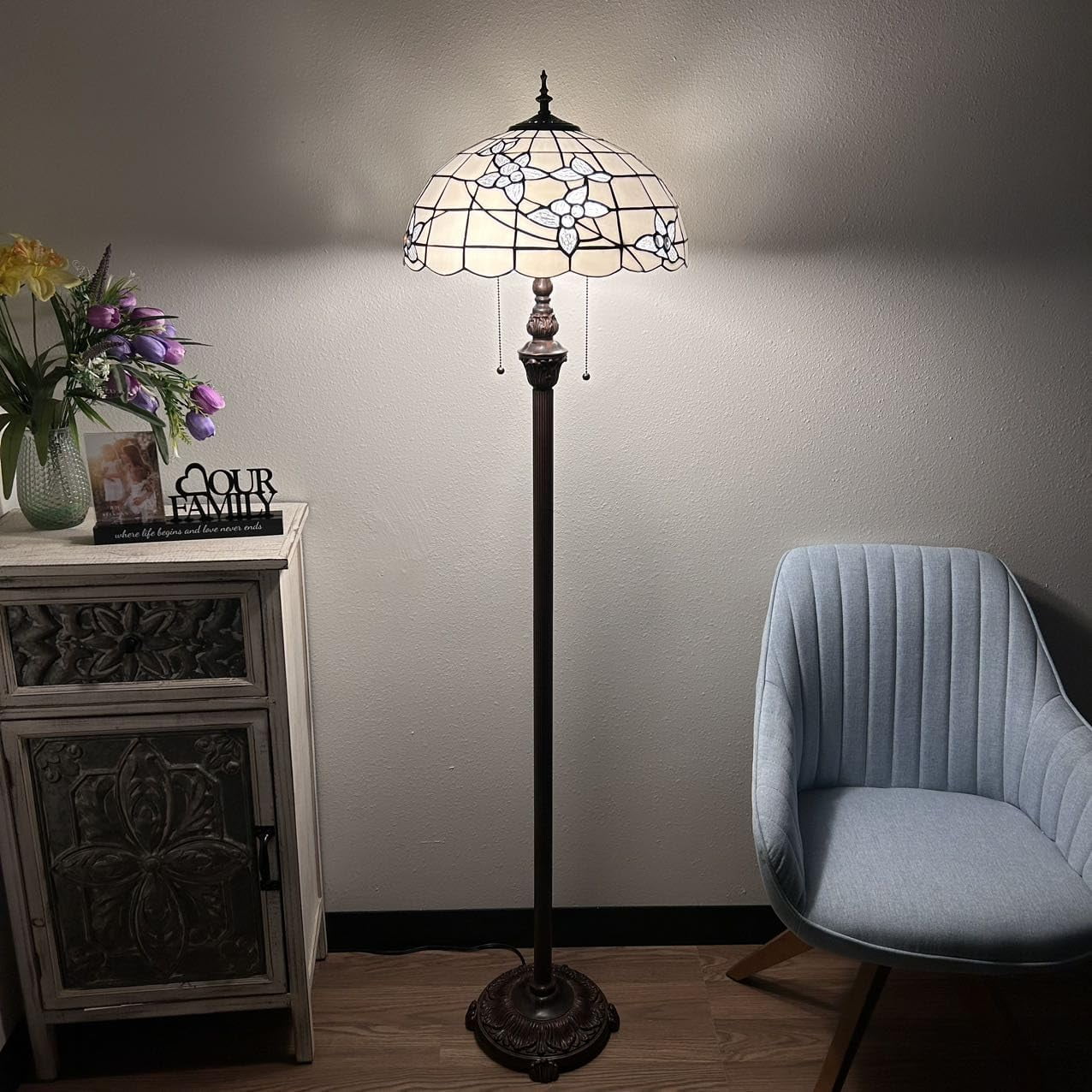 enjoy decor lamps Tiffany Floor Lamp White Stained Glass Flowers for Living Room Dining Room Bedroom Office Hotel 16"D*16"W*64" H