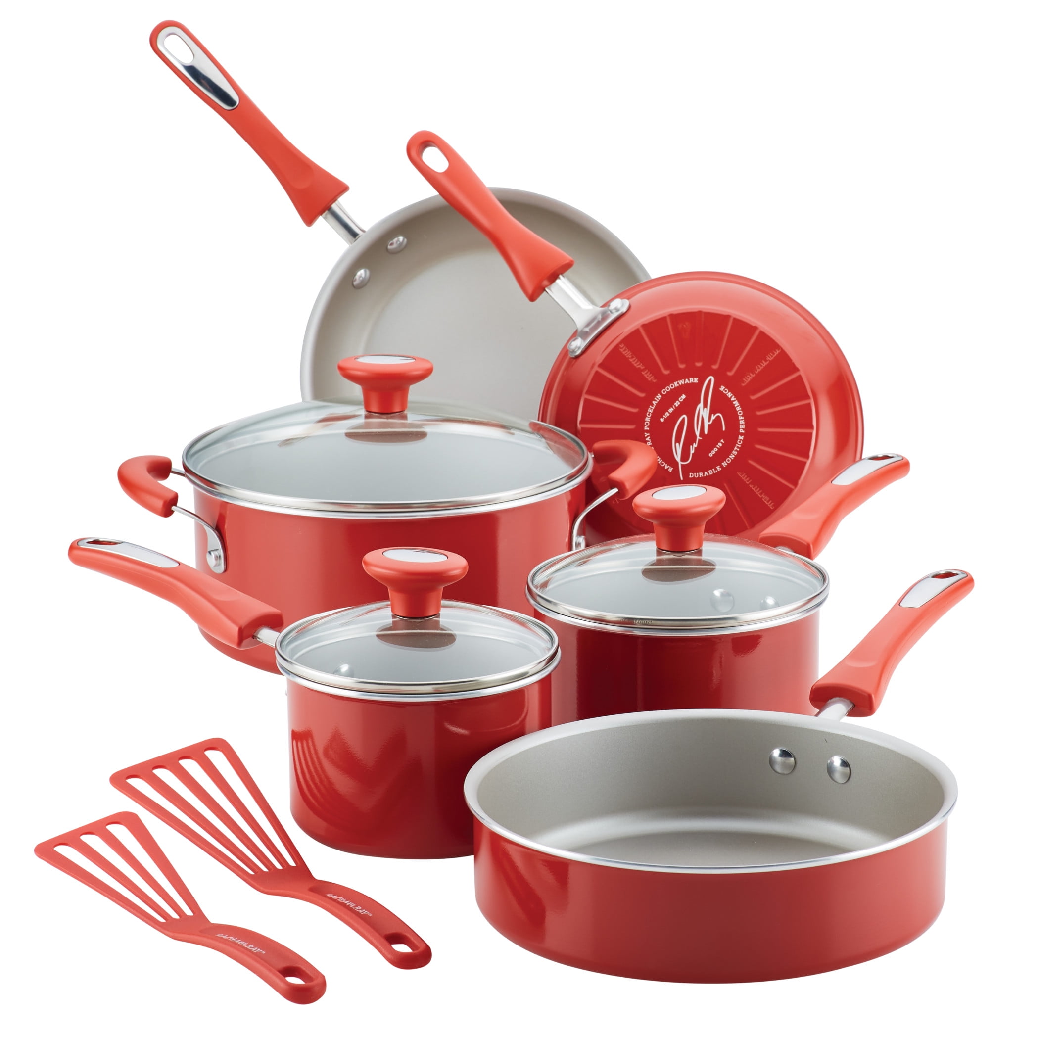 Nonstick Cookware Set Rachel Ray Pots Pans Kitchen Enamel Cooking Red 12 PC 