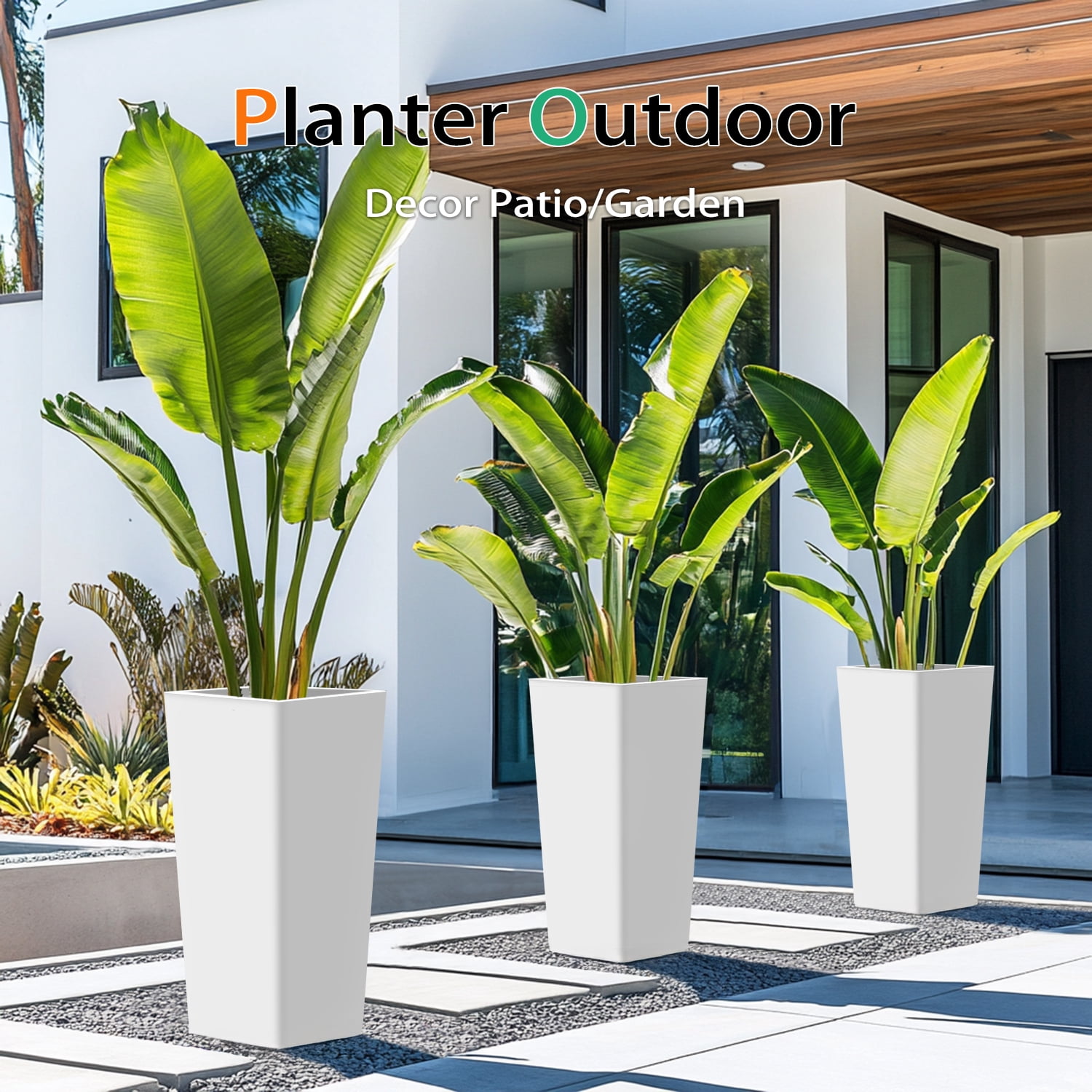 Vucunty Tall Planter Outdoor Indoor, Large Resin Plant Pots for Trees Flowers (White, 28 inch - 2 Pack)