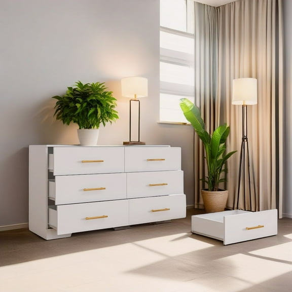 Hommoo 6 Drawers Dresser, Dressers Table with Golden Handle, Chest of Drawers for Living Room, Entryway, Hallway, White
