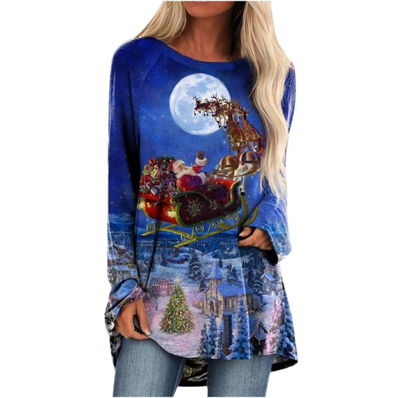 Savings Clearance 2023! asdoklhq Clearance Plus Size Christmas Clothing,Women Autumn and Winter Casual Christmas Printed Round Neck Long Sleeve Pullover Blouse T-Shirt Tops