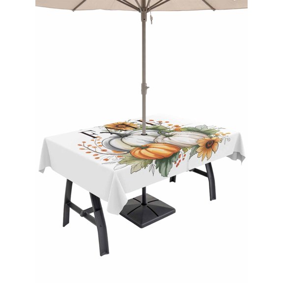Outdoor Tablecloth with Umbrella Hole and Zipper, White Pumpkins Fall Rectangle Table Cloth 54x80 Inch Waterproof Tablecloth, Thanksgiving Flowers Autumn Leaves Picnic Table Cover for Patio Camping