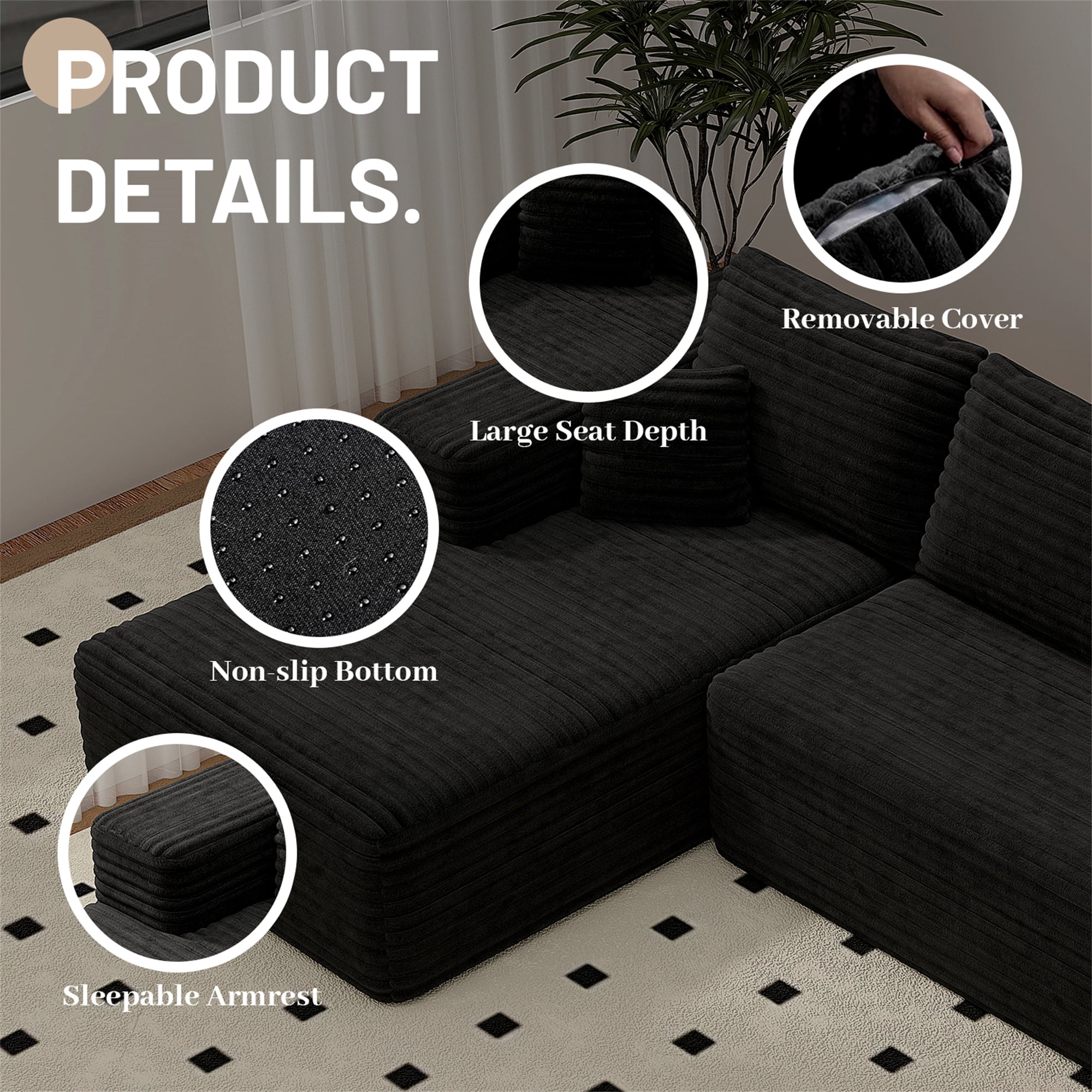 Aukfa 106" Cloud Sectional Sofa Boneless Couch Modular Sofa Bed for Living Room, 2Pillows, Left Chiase, Corduroy, Black
