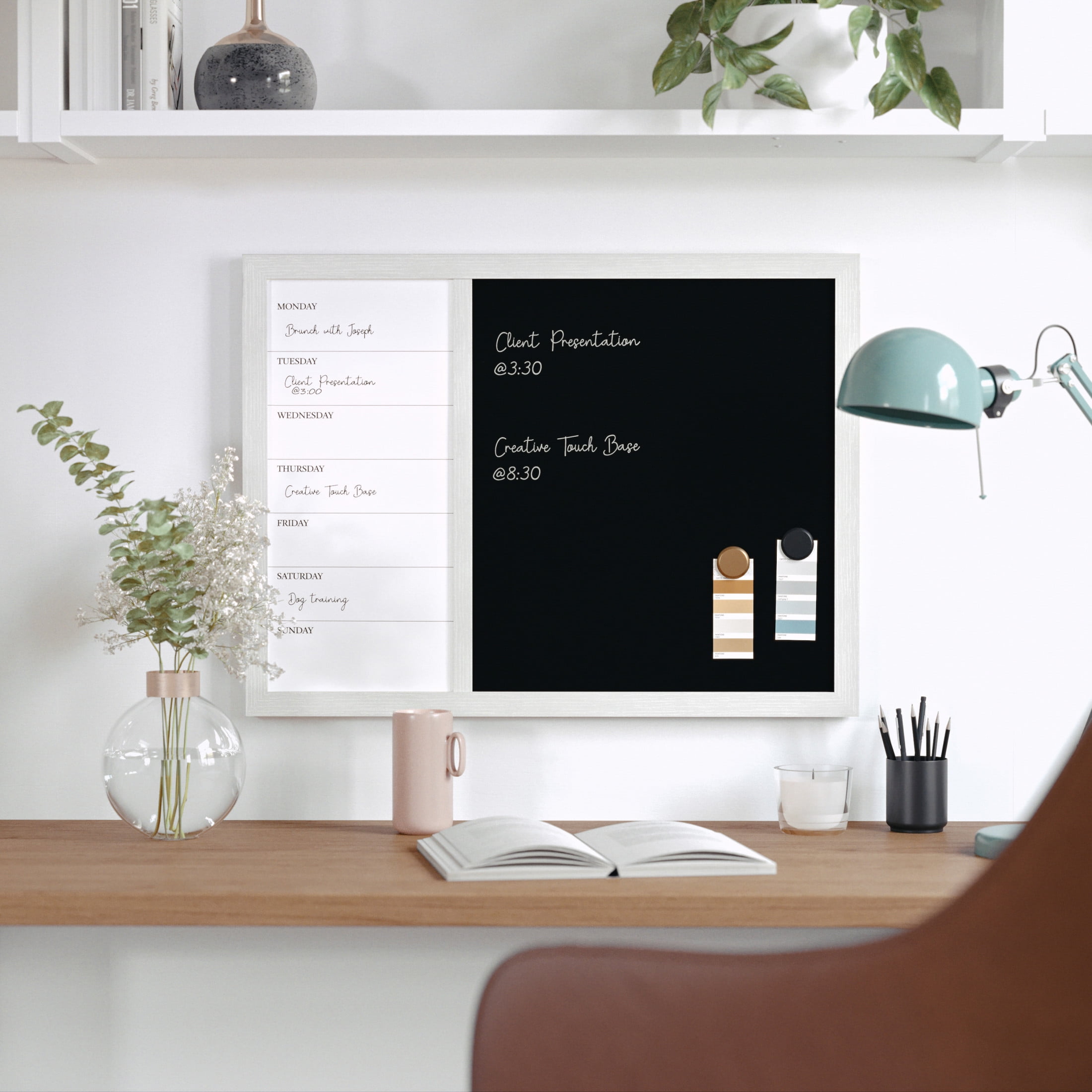 Martha Stewart Everette 24"x18" Magnetic Weekly Calendar Dry Erase Board and Chalk Board with Liquid Chalk Marker and Magnets, White Woodgrain Frame