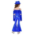 thumbnail image 2 of TiaoBug Kids Girls Off Shoulder Fringe Jumpsuit Disco Outfit for Retro Themed 70s Party & Stage Performance Royal Blue 10, 2 of 7
