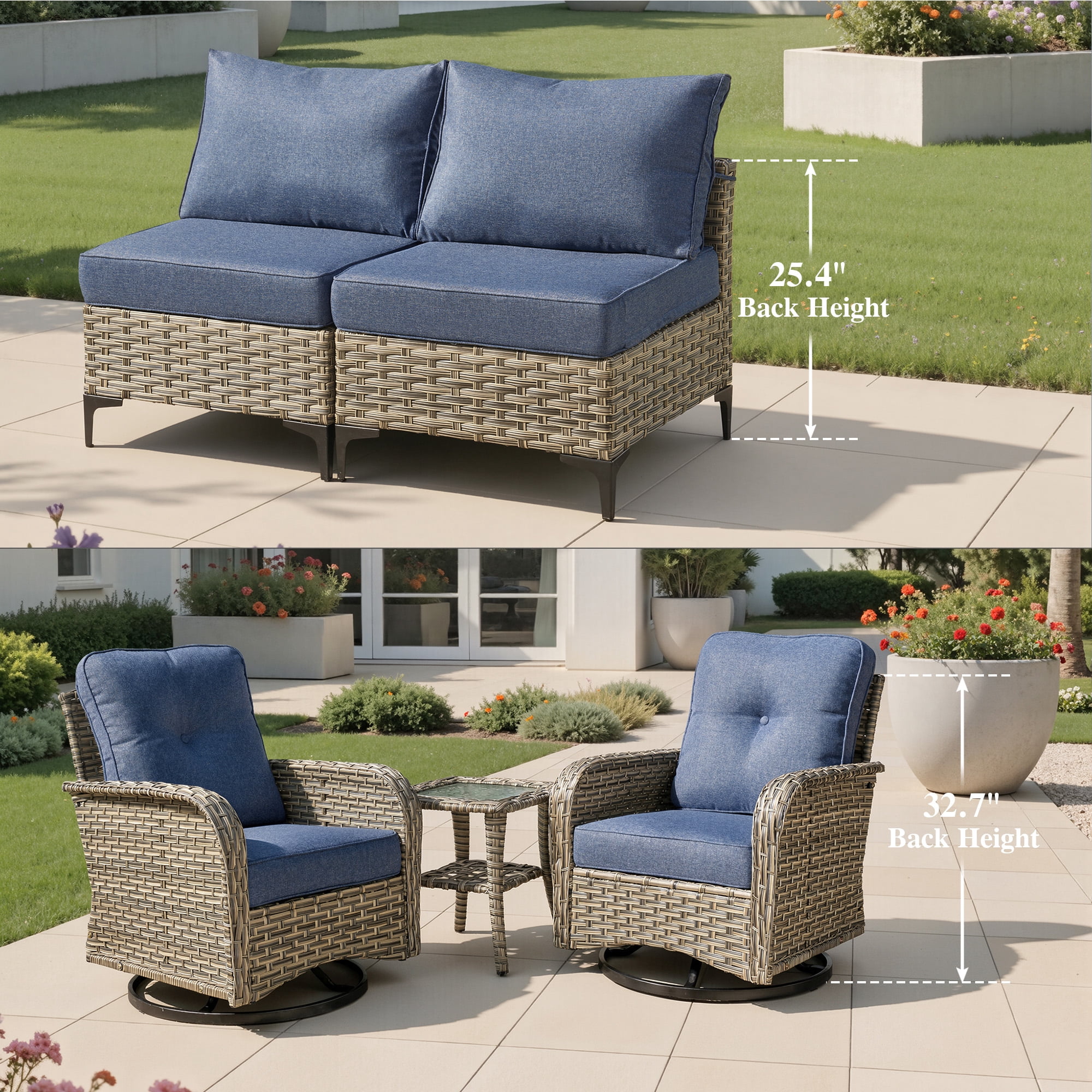 Ovios Outdoor Patio Furniture Set 9 Pieces Rattan Wicker Sectional with 42" Gas Fire Pit, Swivel Chairs, Solar Table, Denim Blue