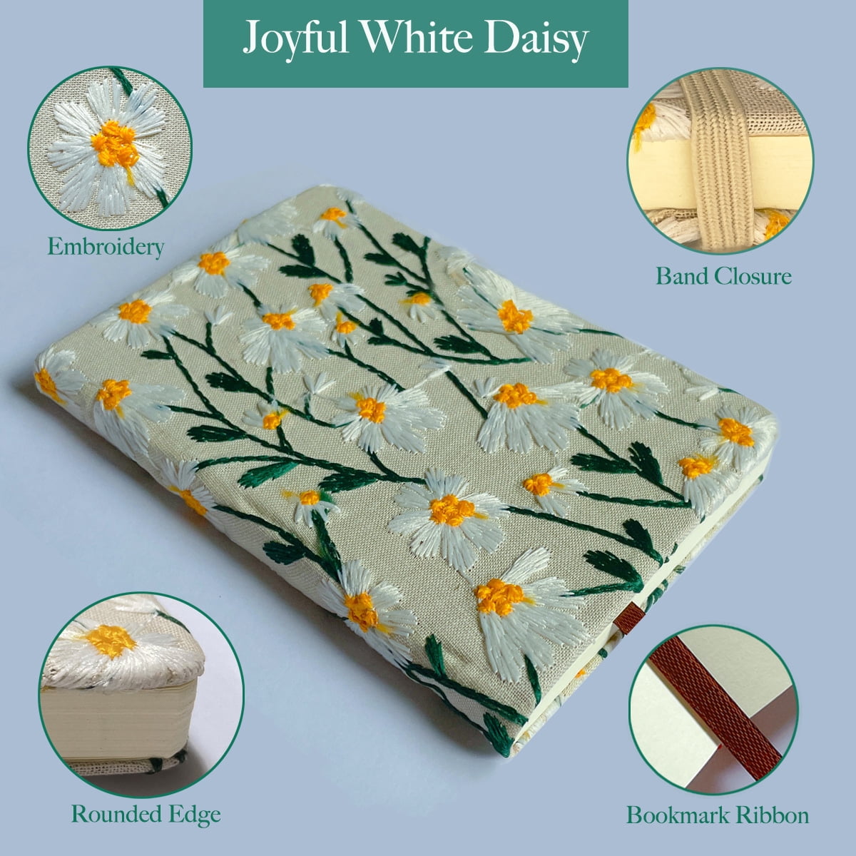 ipoul Daisy Gifts, Embroidered Floral Notebook, A5, 8"x6", Lined Paper, Hardcover, Lay Flat, Pretty Journal for Women, White