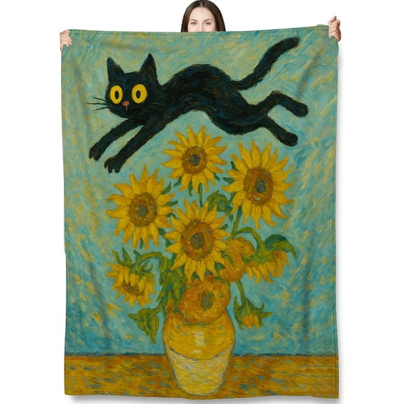 Black Cat Sunflower Throw Blanket Gifts for Adults Kids, Kitten Blankets for Living Room Bedroom Decor, Fuzzy Warm Flannel Plush 50x60