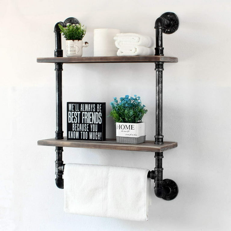  Industrial Pipe Shelf Bathroom Shelves Wall Mounted,19.6in  Rustic Wood Shelf with Towel Bar,2 Tier Farmhouse Towel Rack Over Toilet,Pipe  Shelving Floating Shelves Towel Holder,Retro Grey : Home & Kitchen