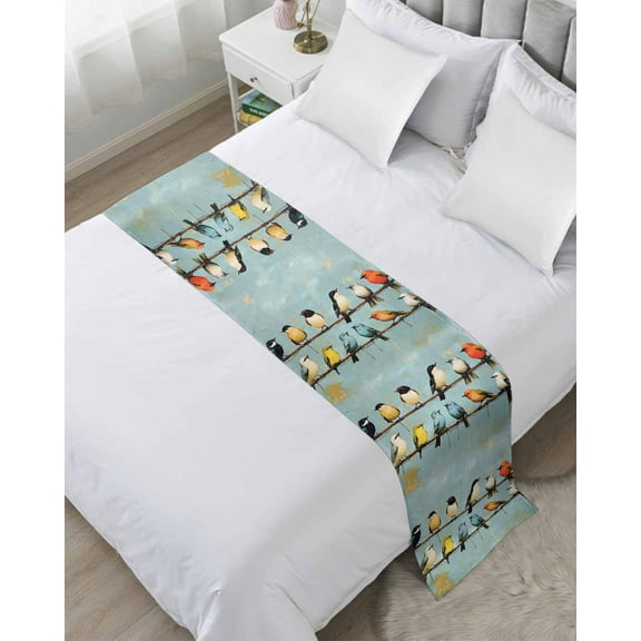 Xipuska Colorful Birds Bed Runners for Queen Size Bed, Decorative Bed Throws for Foot of Bed, Spring Animal Modernism Painting Art Bed Runner Sofa Throw Bedding Scarf Protector Slipcover for Bedroom