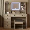 thumbnail image 3 of IVV Rustic Gray Vanity Set for Bedroom - Tempered Glass Top Makeup Dressing Desk with Lighted Mirror Cabinet & Charging Station, 5 Drawers & Open Shelves, Cushioned Stool Included, 3 of 6