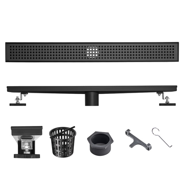 KFFKFF 24-Inch Rectangular Shower Drain with Square Design Grate, Matte Black, Crafted from Brushed 304 Stainless Steel, Includes Hair Strainer, Modern Linear Drain