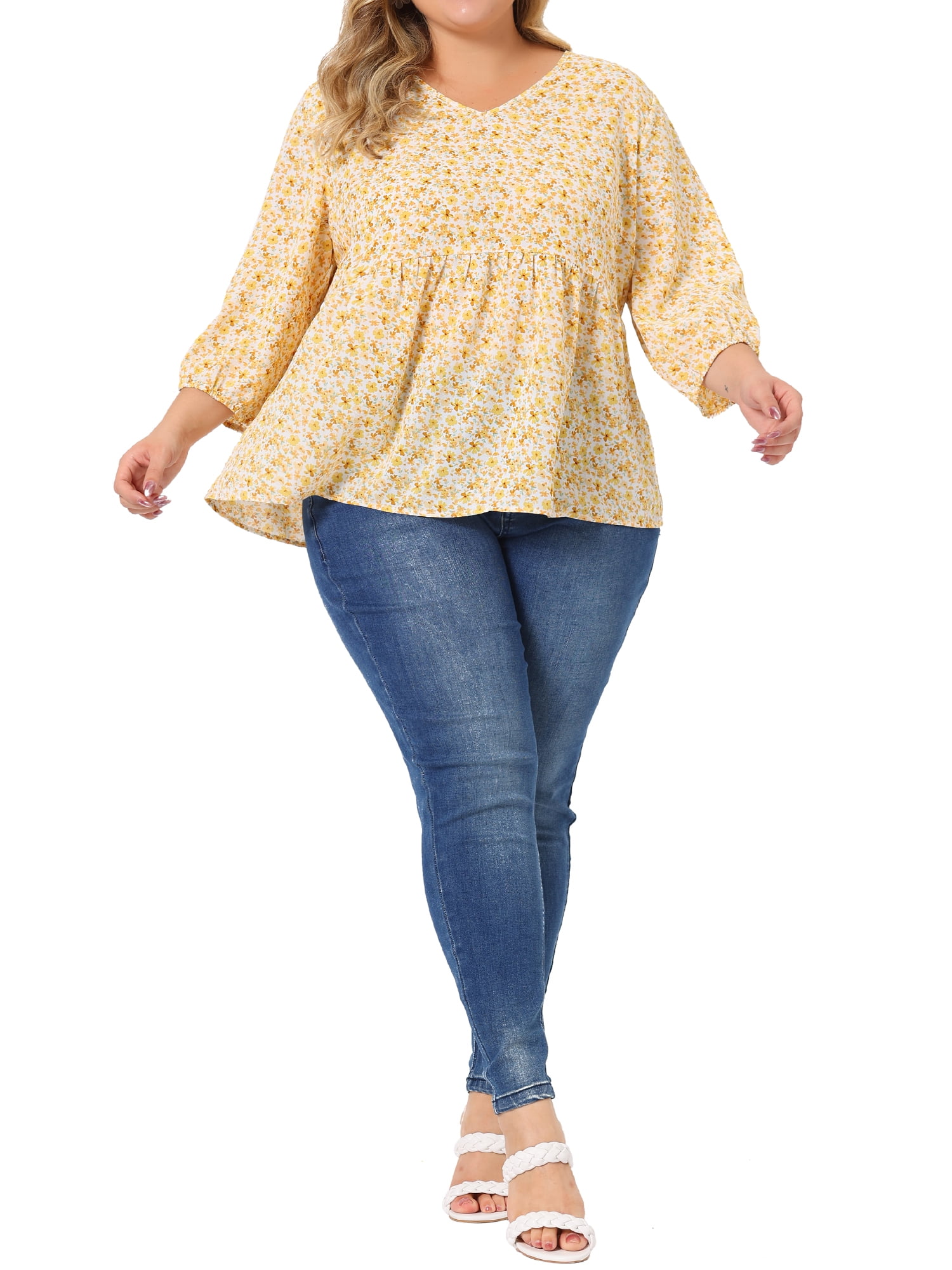 Unique Bargains Women's Plus Size V Neck Flowy 3/4 Sleeve Floral Blouse 1X Beige