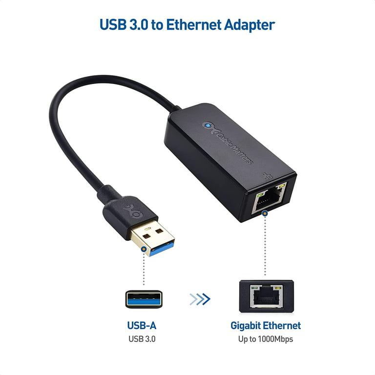  Cable Matters 4-in-1 USB Hub with Ethernet, Support Gigabit  Ethernet (USB 3.0 Hub Ethernet, USB to Ethernet Adapter, Gigabit Ethernet  USB Hub, USB Ethernet Hub) with 10/100/1000Mbps Network in Black 
