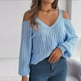 thumbnail image 6 of UTSJKR Women's Trendy Cold Shoulder Sweaters 2024 Fashion Clothing Solid V Neck Pullover Tops Cable Knit Loose Oversized Jumper Long Lantern Sleeve Sleeve Fall Sweaters Blue M, 6 of 8
