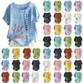 thumbnail image 2 of Yuanlook Linen Shirts for Women Crewneck Short Sleeve Summer Tops Button Down Floral Print T-Shirt Lightweight Beach Vacation Blouse S-XXL, 2 of 6