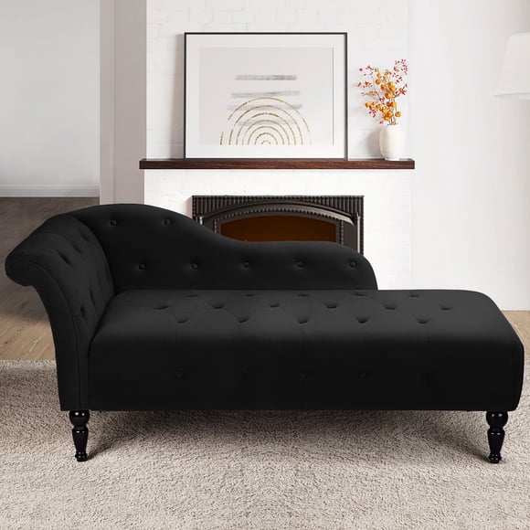 Sillón Chaise Longue de Terciopelo – Respaldo Reclinable – Brazo Izquierdo – Botonadura Decorativa – Patas Altas de Madera – Dormitorio, Sala u Oficina