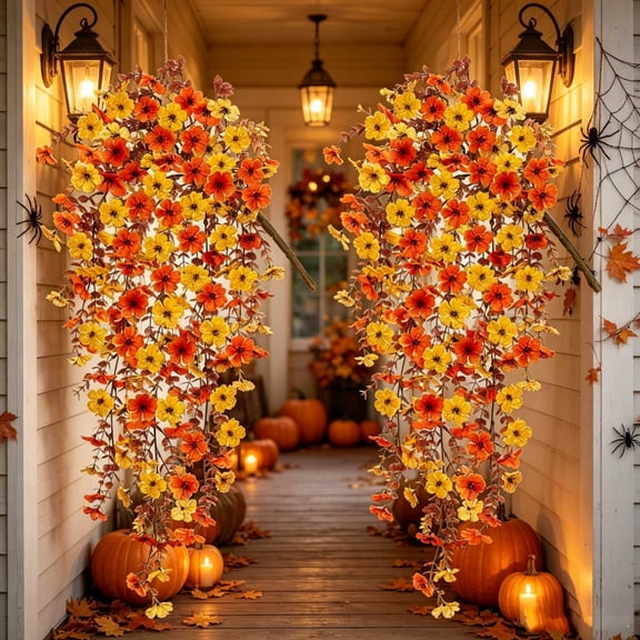 Fall Artificial Hanging Flowers for Outdoor, 2 Pcs Fake Mums Lilys Leaves Faux Flowers Outdoor Fall Decor, UV Resistant Silk Flower for Front Door Porch Planters Patio Yard Garden