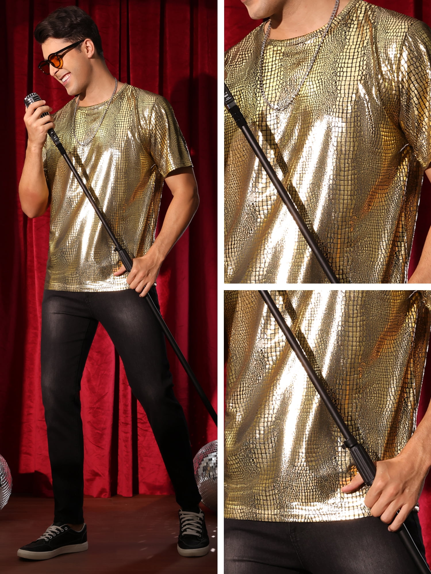 DARING DIVA Men's Metallic Crocodile-Pattern Short Sleeves Disco Party T-Shirt 2XL Golden