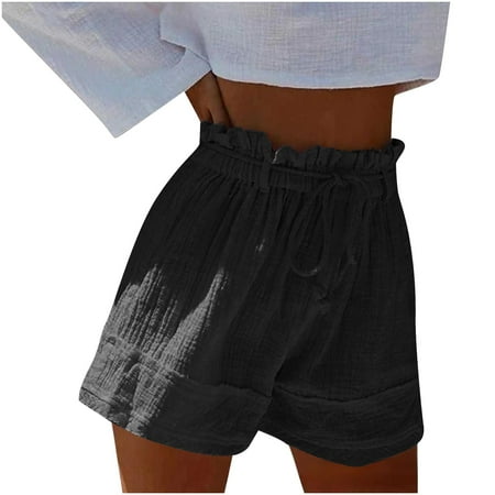 Olyvenn Women s Casual Wide Leg Shorts Soft Cotton Linen High Waist Shorts Loose Fit Drawstring Sweatpants Sports Shorts Summer Black XXL