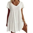 thumbnail image 4 of GENEMA Women Short Sleeve V-Neck A-Line Ruffle Hem Swing Tunic Mini Dress Solid Color, 4 of 19