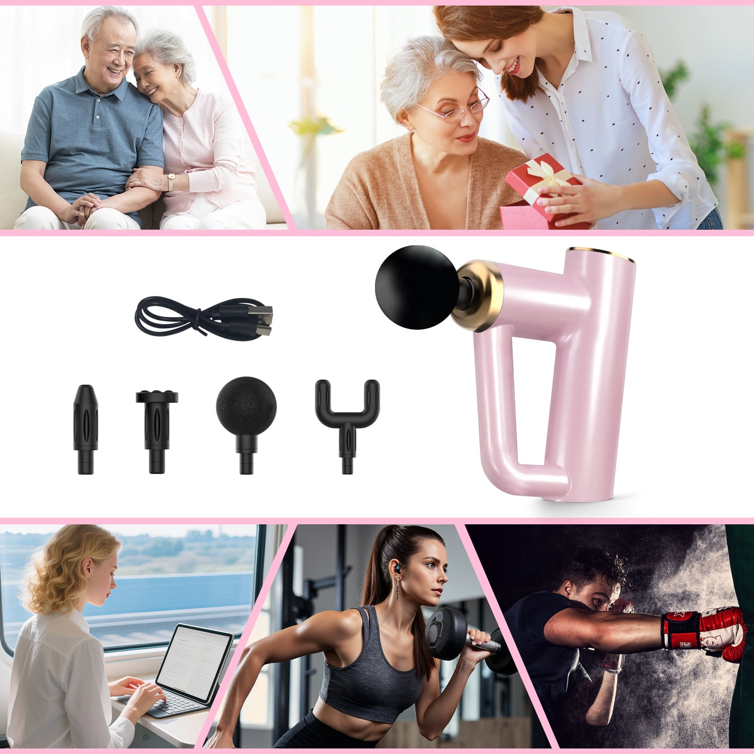 Syenll Massage Gun, Massage Gun Deep Tissue, Percussion Massage Gun with 4 Heads and 6 Speeds, Handheld Massager for Athletes Pain Relief, Pink