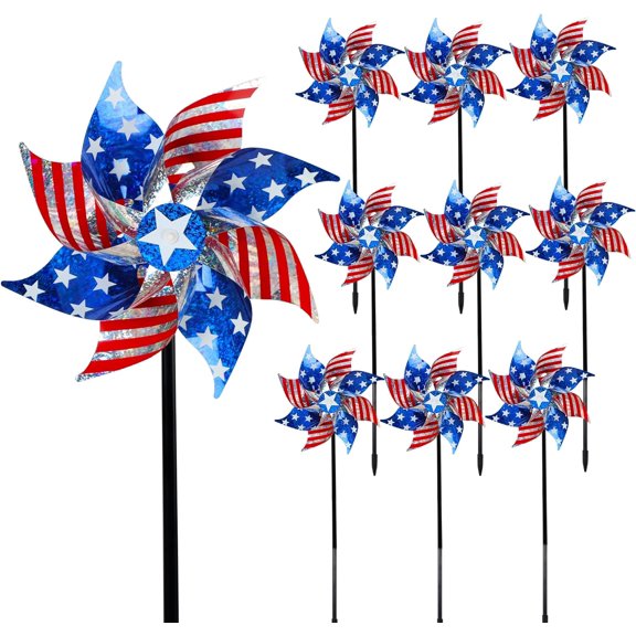 10 Pack Reflective Pinwheels Patriotic Decorations, American Flag on Stick Wind Spinner with Stake for Independence Day, Memorial Day July of 4th Party Supplies, Scare Birds Repellent Devices