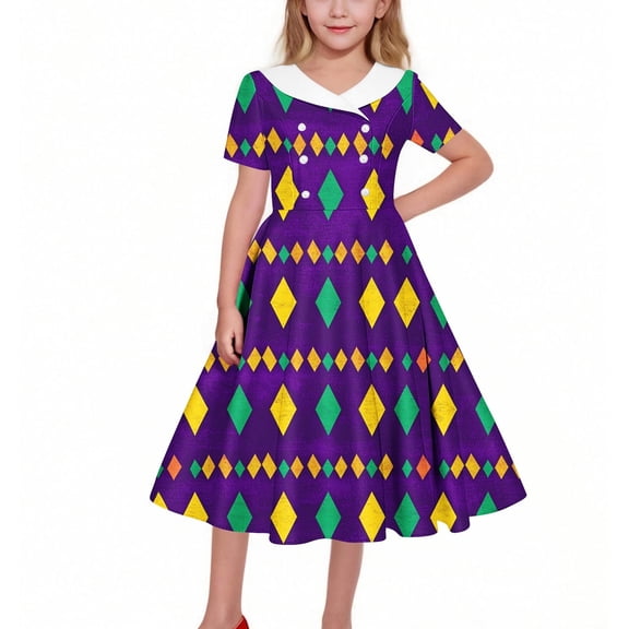 OGLCCG Girls Mardi Gras Dress Stretchy Short Sleeve A line Twirly Skater Dresses Trendy Printed School Party Flowy Tunic Dress 5-14 Years