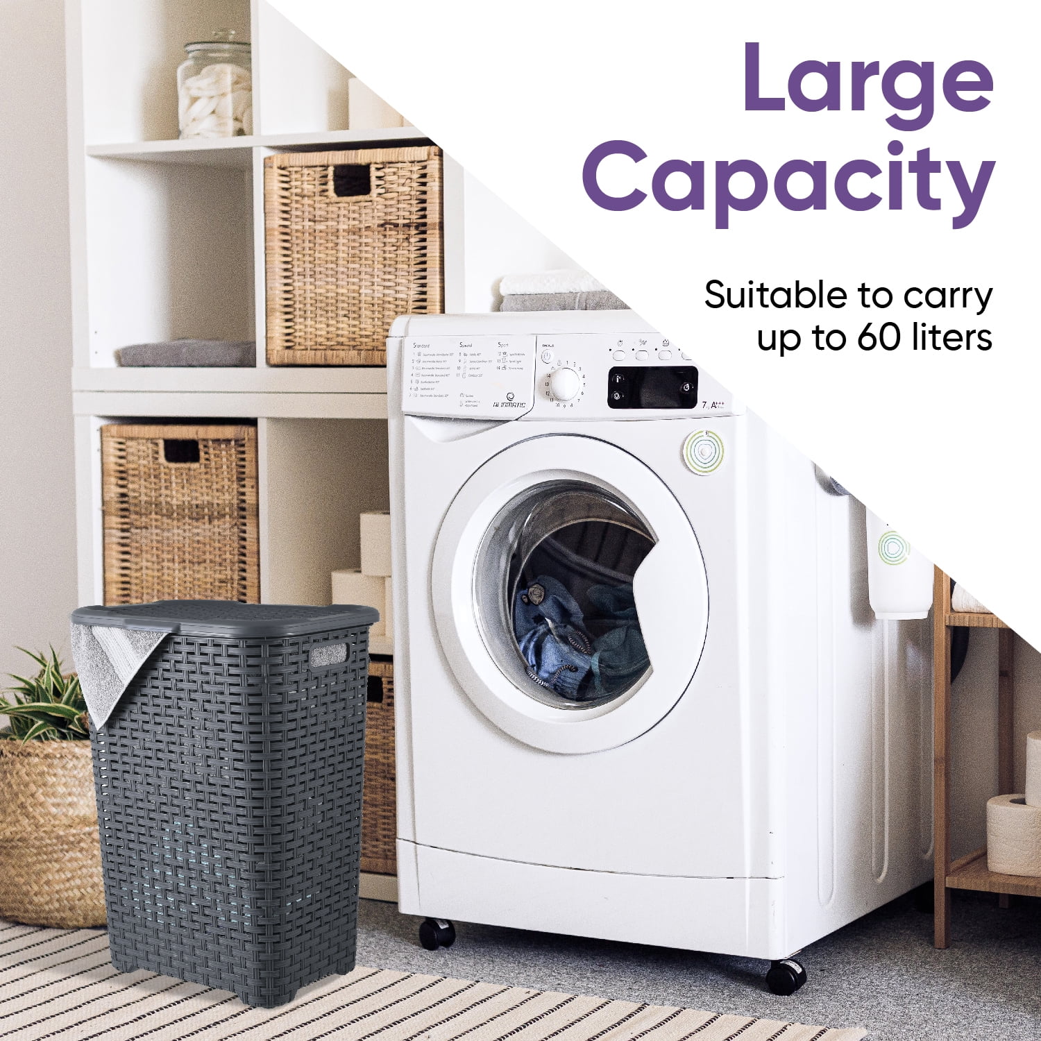 Laundry Basket, Laundry Hamper with Lid, Large 60-liter Wicker Style Hamper with Cutout Handle, to Storage Dirty Clothes in Washroom, Bathroom, Bedroom, or Dorm Room, Grey Color. By Superio