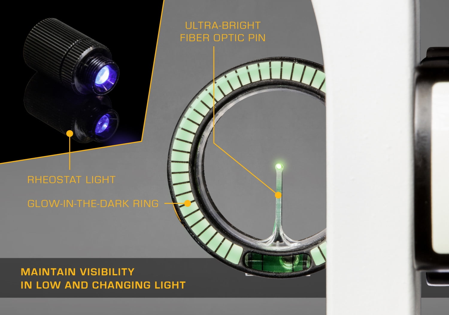 Trophy Ridge Drive™ Slider Sight with Adjustable Indicator Pin, Nylon Bushings for Smooth, Quiet Movement, Precision Installed Bubble Level and Ultra-bright Vertical Fiber Optic Pin