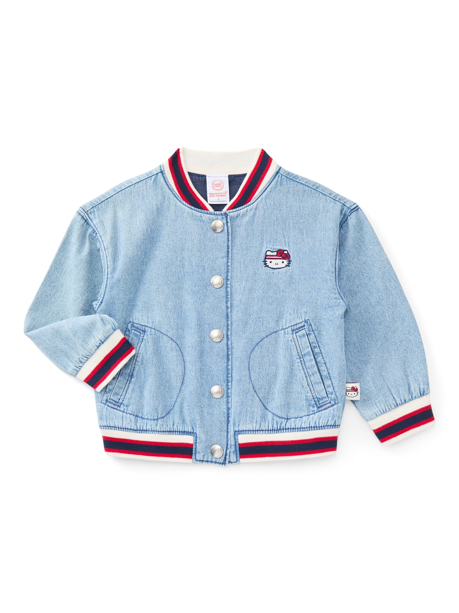 Wonder Nation Hello Kitty Girls Cotton Denim Bomber Jacket, Midweight, Sizes 4-18