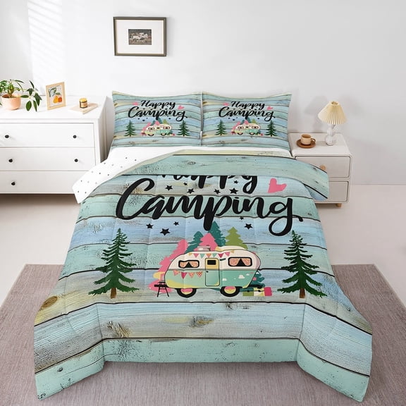 Erosebridal Cartoon Car Bedding Twin Comforter Set,Happy Camping Down Comforter,Lodge Cabin Bedding Sets Twin with Comforter,Breathable Boys Bedroom Decor,Reversible,3pcs