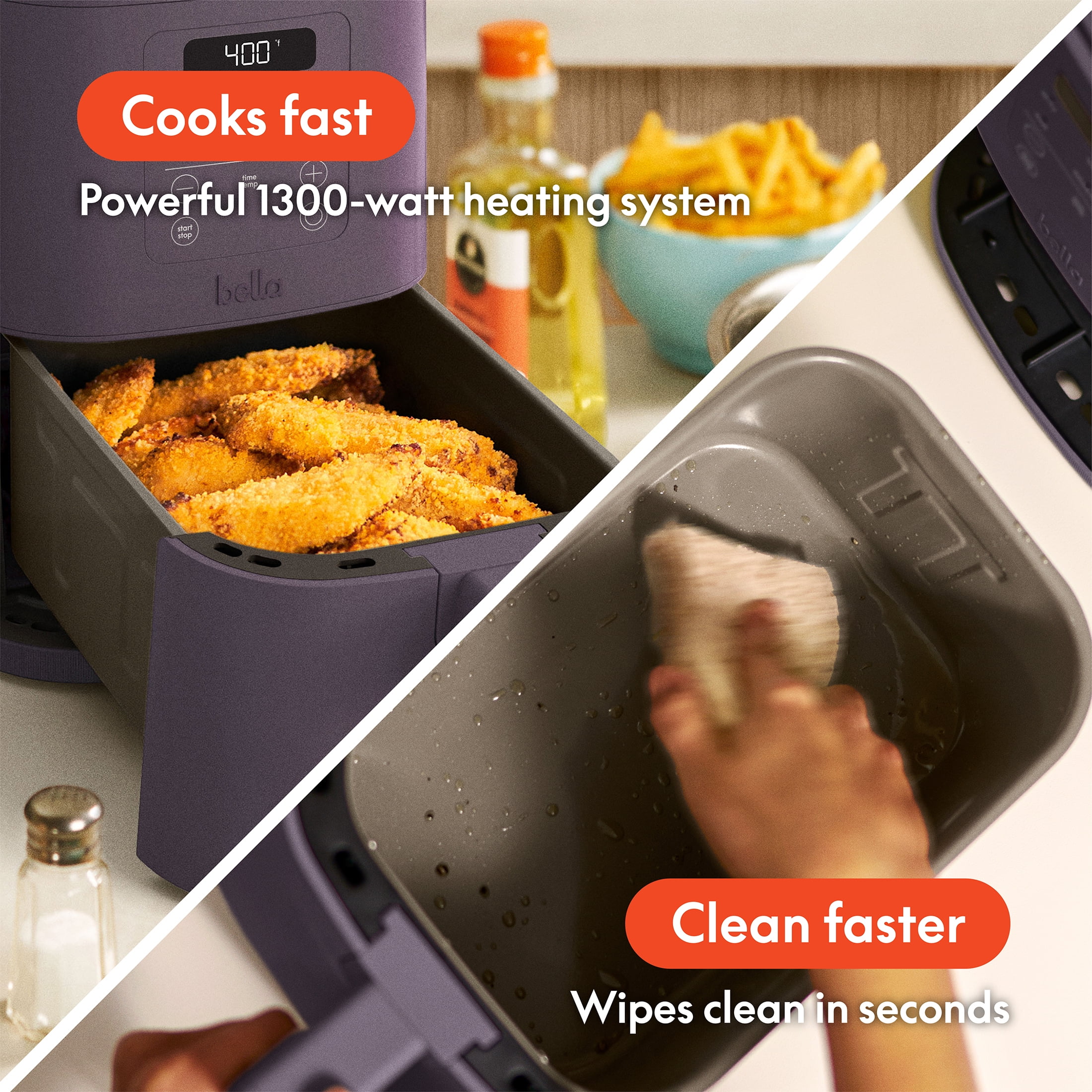 bella 4 Qt Slim Digital Air Fryer with EverGood™ Ceramic Nonstick Coating, 6 Preset Cooking Options, Plum