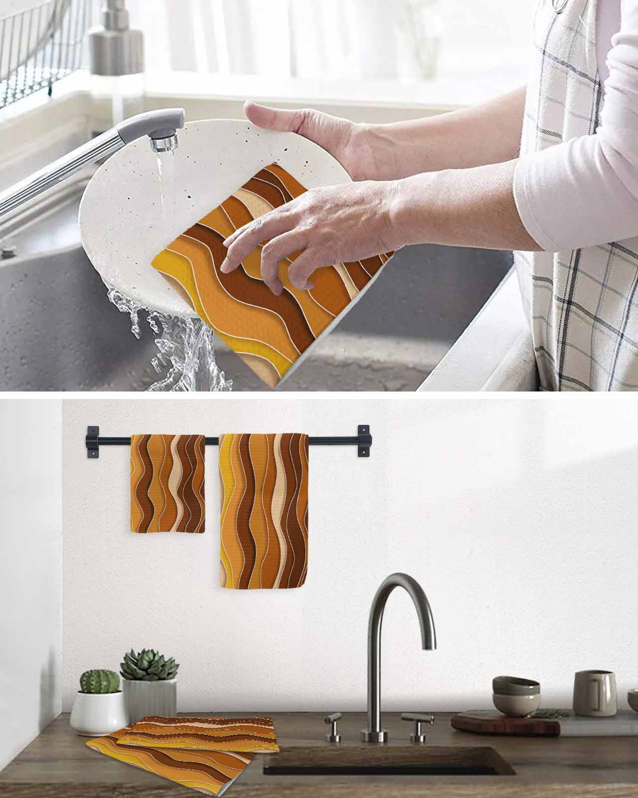 Burnt Orange Ombre Kitchen Dish Towels for Drying Dishes Set of 4, Abstract Art Moire Ocean Waves Waffle Weave Microfiber Terry Hand Tea Bathroom Towels Quick Dry & Absorbent Towel 15.7x23.6