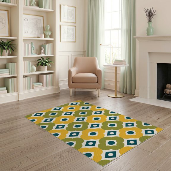 ODIKA 4'x6' Green Yellow Retro Geometric Design Washable Area Rug Bold Mid-Century Modern Pattern for Bedroom, Reading Nook, Pet Friendly & Non-Shedding