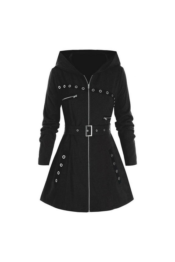 Jackets for Women Trendy Fulll Zip Long Sleeve Coats Slim Multiple Zipper Pockets Hooded Jackets Dress Gothic Costume Winter Outerwear